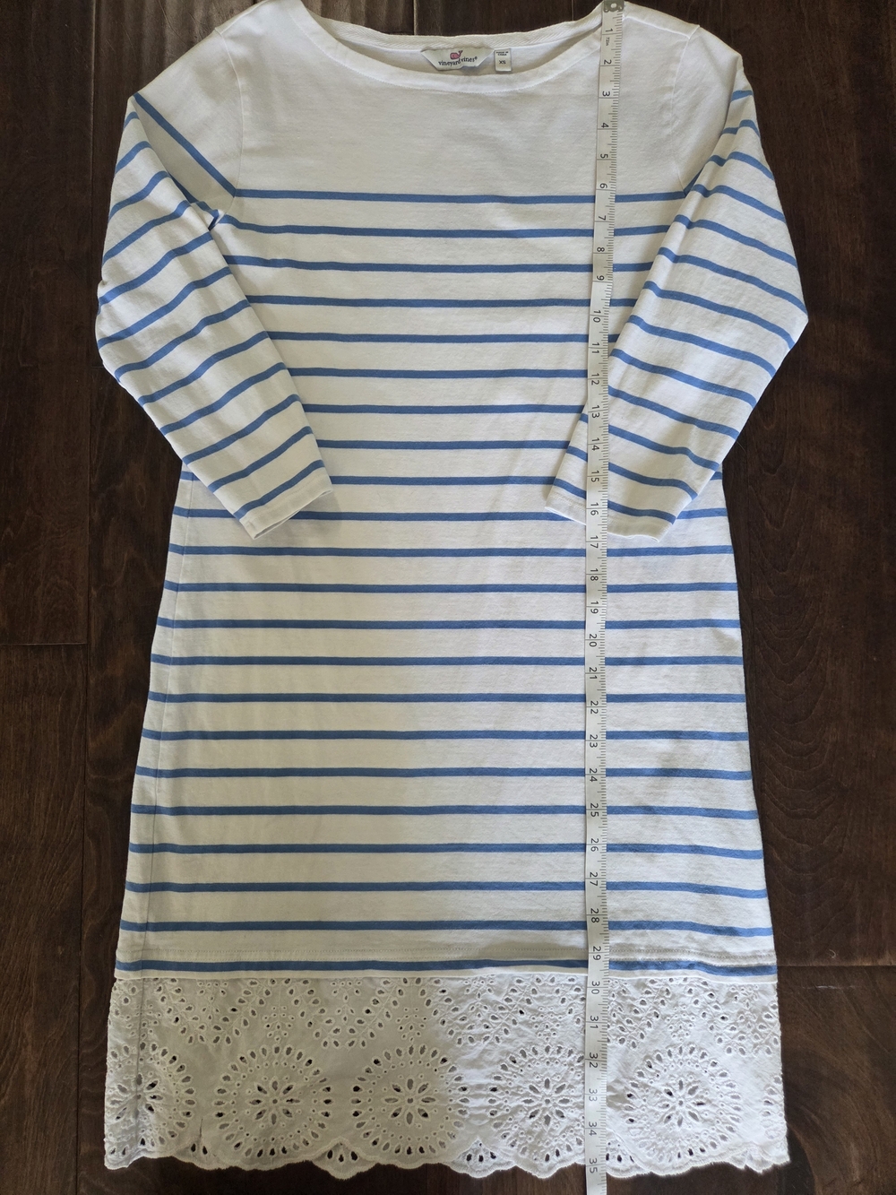 Striped Blue & White Cotton Shift Dress with Eyelet Hem